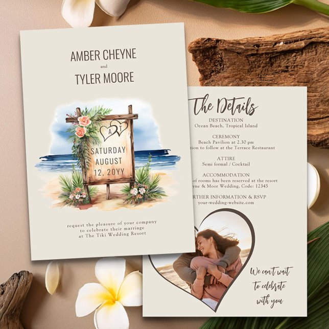 Invitación Detalles y foto del simple Boda acuático de playa (Wedding Invitation with Photo & Details from the Sunset Beach Wedding Collection by Darling & May)