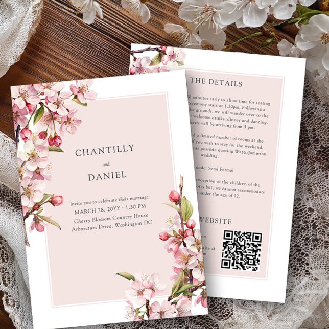Invitación Detalles y sitio web del Boda Cherry Blossom (Wedding invitation with details and qr code - Cherry Blossom Wedding Collection by Darling & May)