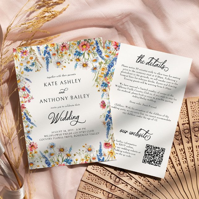 Invitación Detalles y sitio web del Boda de Flores Silvestres (Wedding Invitation with details from the Country Wildflower Wedding Collection by Darling & May)