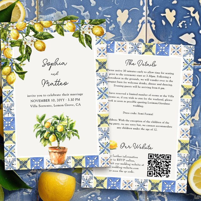 Invitación Detalles y sitio web del Boda italiano Lemon Grove (Wedding Invitation with Details from the Lemon Grove Wedding Collection by Darling & May)