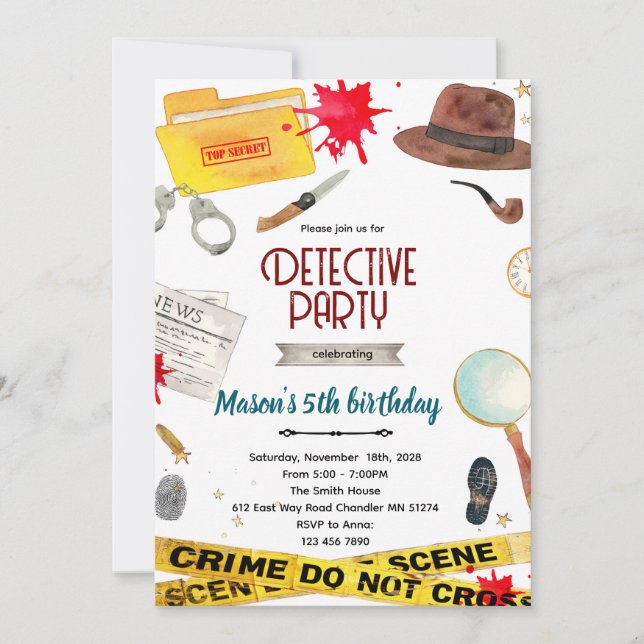 Invitación Detective birthday Party Invitation  (Anverso)