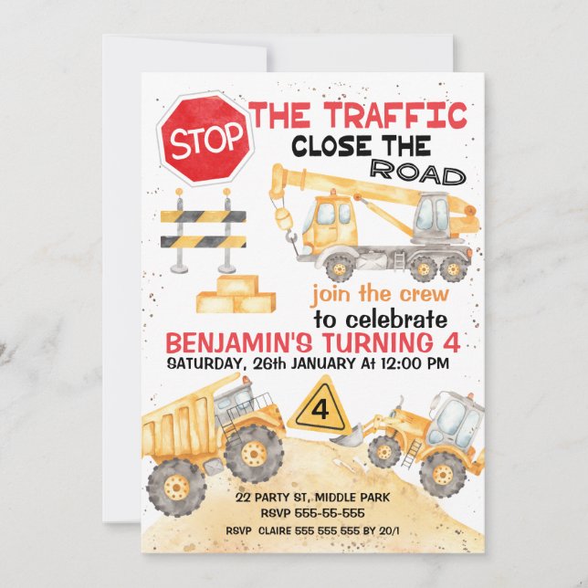 Invitación Detener el Cumpleaños de Construcción de Carretera (Anverso)