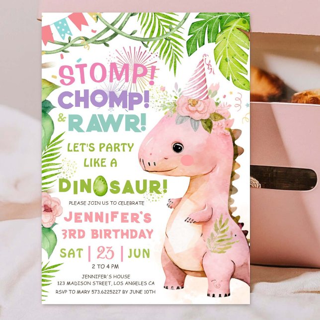 Invitación ¡Detengan a Chomp Rawr! Dinosaurio 3.ᵉʳ Chica de c (#DinosaurBirthdayInvitation #DinosaurBirthdayInvite #GirlDinosaurBirthdayInvitation
)