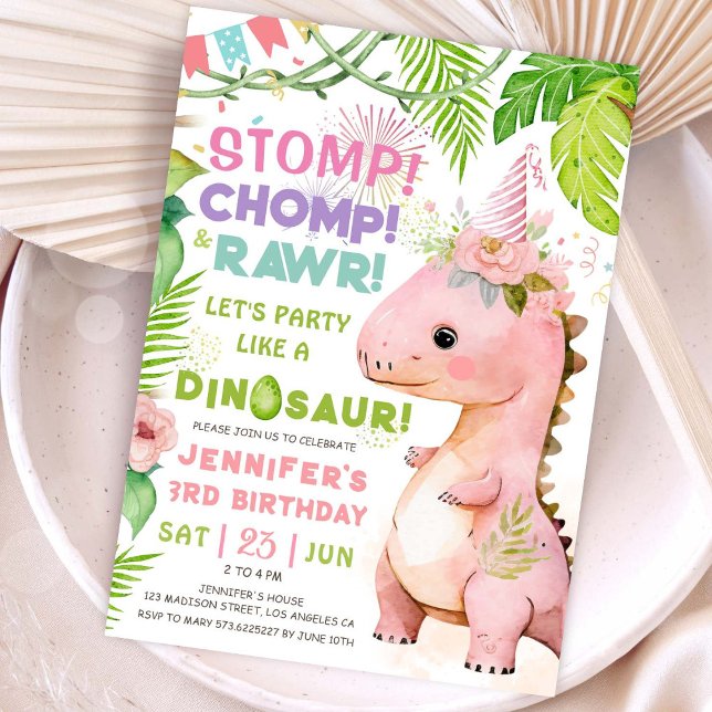Invitación ¡Detengan a Chomp Rawr! Dinosaurio 3.ᵉʳ Chica Fies (#DinosaurBirthdayInvitation #DinosaurBirthdayInvite #GirlDinosaurBirthdayInvitation
)