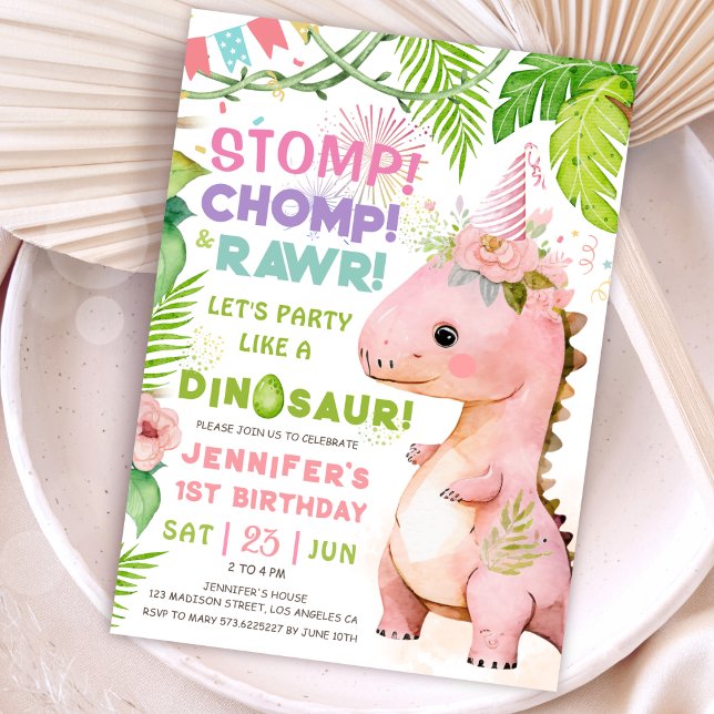 Invitación ¡Detengan a Chomp Rawr! Dinosaurio Fiesta Chica (#DinosaurBirthdayInvitation #DinosaurBirthdayInvite #GirlDinosaurBirthdayInvitation)