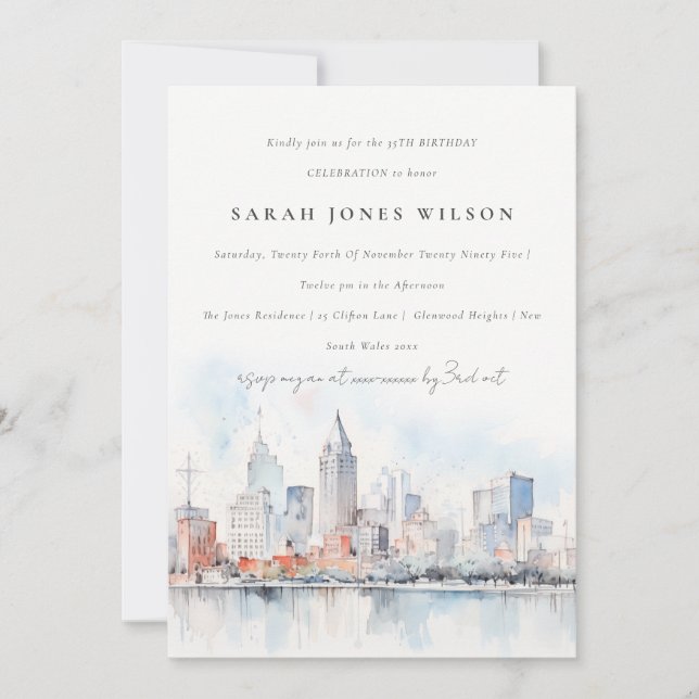 Invitación Detroit Michigan Watercolor Landscape Birthday (Anverso)