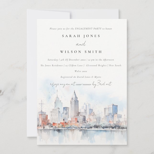 Invitación Detroit Michigan Watercolor Landscape Engagement (Anverso)
