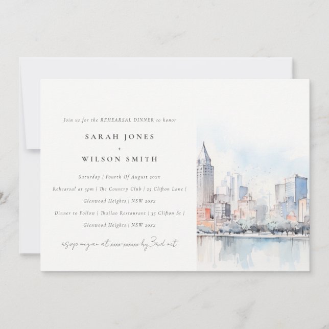 Invitación Detroit Michigan Watercolor Scape Rehearsal Dinner (Anverso)