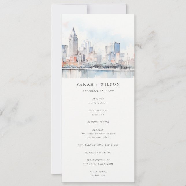 Invitación Detroit Michigan Watercolor Scape Wedding Program (Anverso)