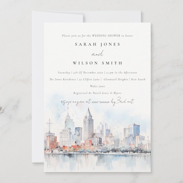 Invitación Detroit Michigan Watercolor Scape Wedding Shower (Anverso)