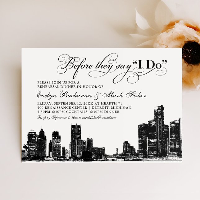 Invitación Detroit Skyline Art Deco Boda Ensayo Cena (Subido por el creador)