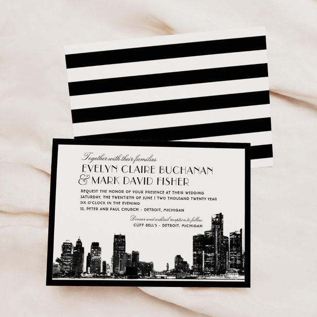 Invitación Detroit Skyline Black Art Deco Boda (Subido por el creador)