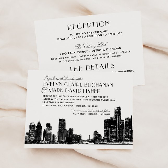 Invitación Detroit Skyline Black Art Deco Boda (Subido por el creador)
