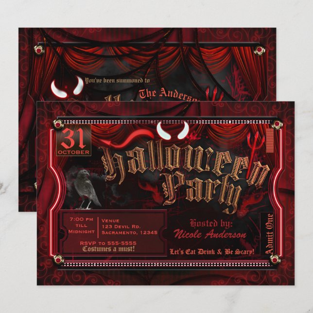 Invitación Devilish Halloween Costume Fiesta Admitir a un Fie (Anverso / Reverso)