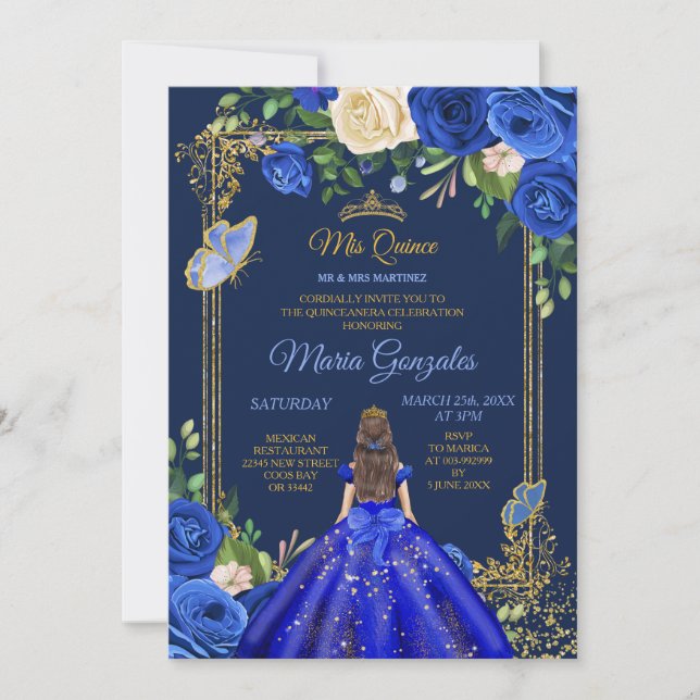 Invitación Dfras azules reales Mis Quince cumpleaños 15 Chica (Anverso)