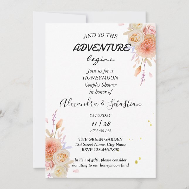 Invitación Dhalia y Rosas duchas de luna de miel (Anverso)