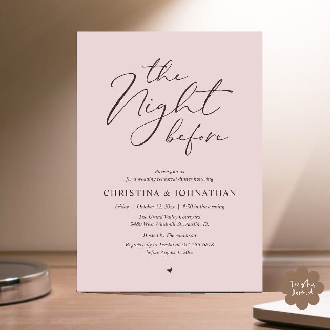Invitación “Día Antes” Dinner en honor de Dusty Rose (“The Night Before” Elegant Script Romantic Rehearsal Dinner Invitation Card Dusty Rose)