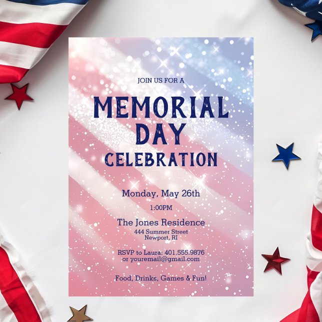 Invitación Día conmemorativo BBQ Fiesta Rojo Azul Blanco Patr (Memorial Day Weekend BBQ Party Invitation)
