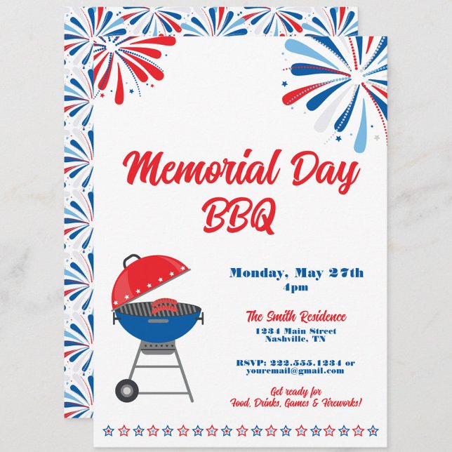 Invitación Día conmemorativo Fiesta BBQ Patriótico Rojo Azul  (Memorial Day BBQ Party Invitation, MDW Cookout Invite, Patriotic Summer Barbecue Party)