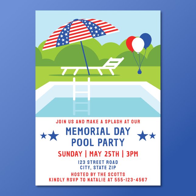 Invitación Día Conmemorativo Piscina Estrellas Fiestas Y Raya (Patriotic Memorial Day pool party invitation)