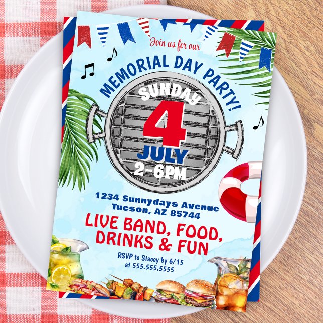 Invitación Día conmemorativo rojo blanco y azul Fiesta de la  (Patriotic Red White and Blue Memorial Day 4th of July Birthday Invitation for BBQ Pool Party Invites)