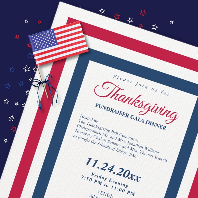 Invitación Día de Acción de Gracias 2026 Cena de Gala de reca (Patriotic Thanksgiving fundraiser gala dinner invitation close-up on laid paper with flag and ribbon)