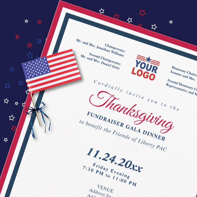 Invitación Día de Acción de Gracias 2026 Cena de Gala de Reca (Patriotic Thanksgiving fundraiser gala dinner invitation close-up with decorative flag and ribbon)
