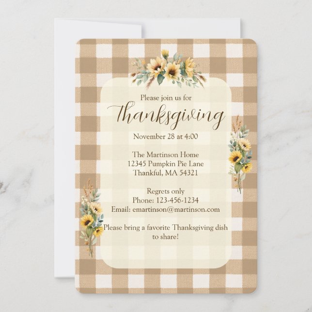 Invitación Día de Acción de Gracias Brown Gingham Fall Sunflo (Anverso)
