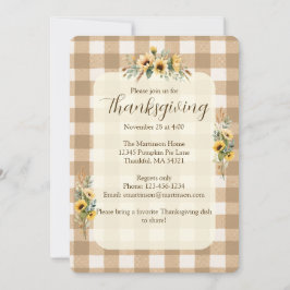 Invitación Día de Acción de Gracias Brown Gingham Fall Sunflo
