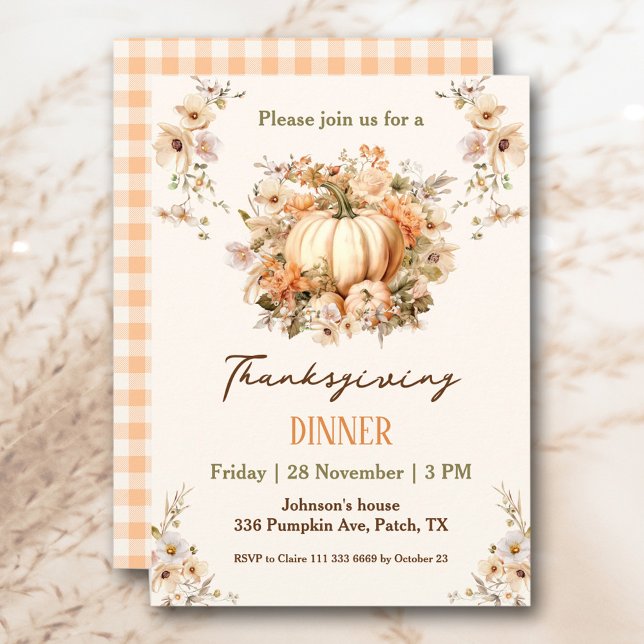 Invitación Día de Acción de Gracias Calabaza Pastel Naranja F (Thanksgiving Dinner Pumpkin Pastel Orange Floral Invitation )