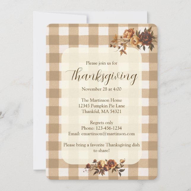Invitación Día de Acción de Gracias de Brown Gingham Autumn F (Anverso)