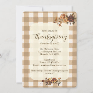 Invitación Día de Acción de Gracias de Brown Gingham Autumn F
