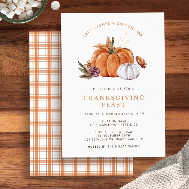 Invitación Día de Acción de Gracias de Calabaza (Rustic fall pumpkin Thanksgiving dinner party invite, watercolor autumn florals by Painted Paper)