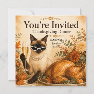 Invitación Día de Acción de Gracias de gato con pavo