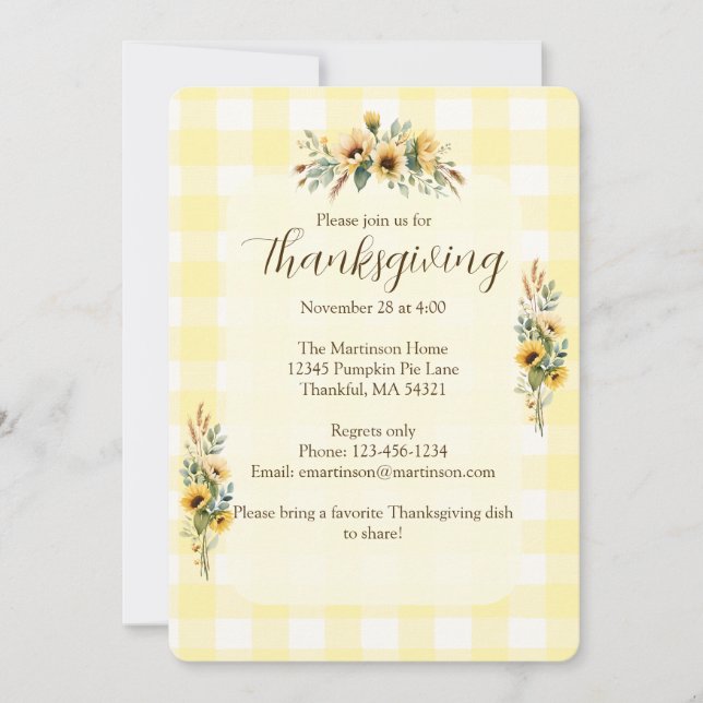 Invitación Día de Acción de Gracias de Yellow Gingham Fall Su (Anverso)