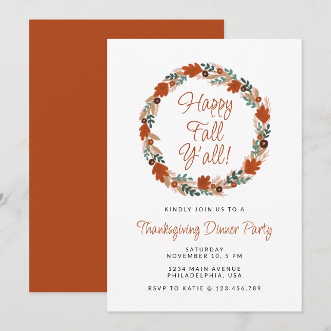 Invitación Día de Acción de Gracias Wreath Happy Fall Y'all D (Anverso / Reverso)