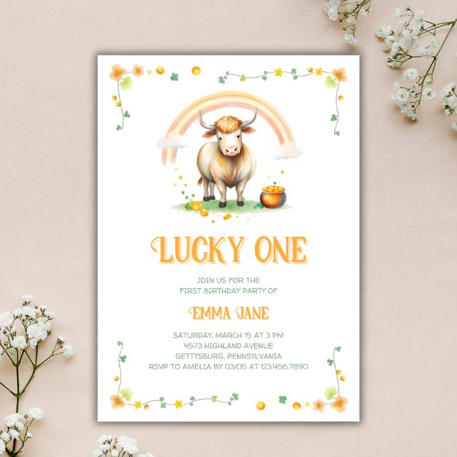 Invitación Día de Afortunados, un primer cumpleaños (Cute Cow St. Patrick’s Day Lucky One 1st Birthday Invitation)