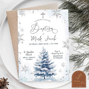 Invitación Día de Bautizo Niño Azul Invierno Nevado Navidad 