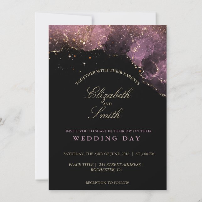 Invitación Día de Boda con Tinta de Alcohol Morado y Dorado d (Anverso)