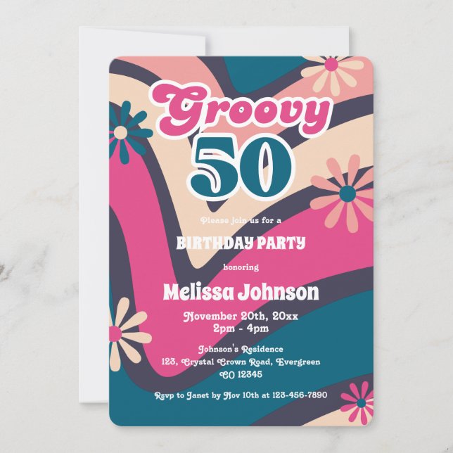 Invitación Día de cumpleaños 50 de la Ola Retro Daisies Groov (Anverso)