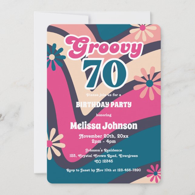Invitación Día de cumpleaños 70 de la Ola Retro Daisies Groov (Anverso)