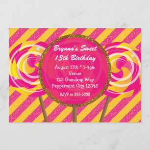 Invitación Día de Cumpleaños con Chupetines Rosados y Amarill