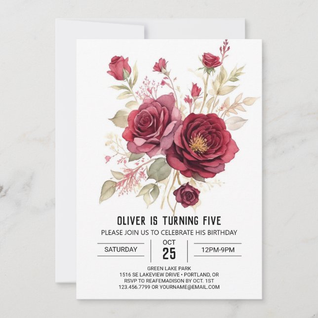 Invitación Día de cumpleaños con flores de Borgoña impresas d (Anverso)