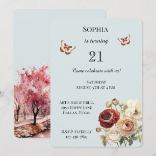 Invitación Día de cumpleaños con flores de crema de borgoña