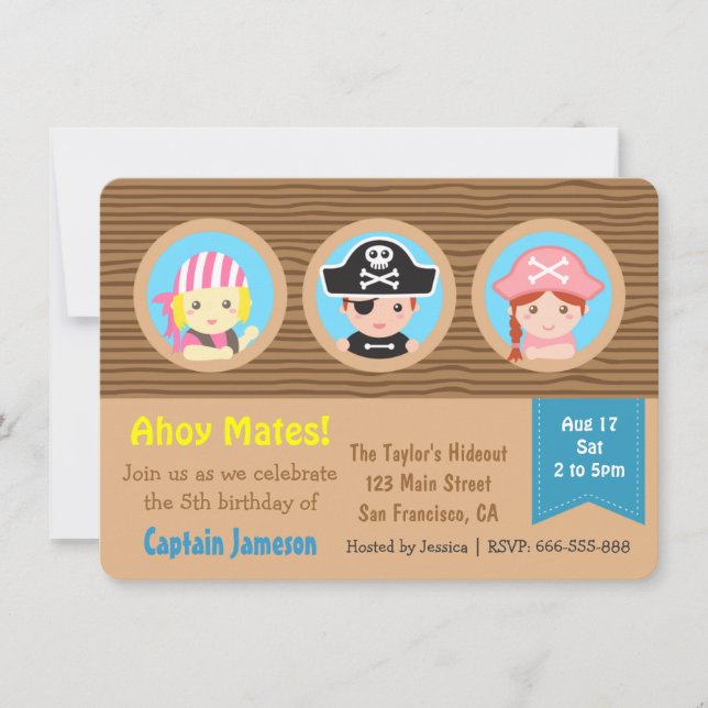 Invitación Día de Cumpleaños con Tema de Piratas Divertidos (Anverso)