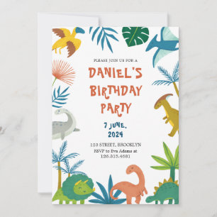 Invitación Día de cumpleaños de dinosaurio ilustrativo y colo