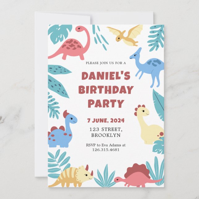 Invitación Día de cumpleaños de dinosaurio ilustrativo y colo (Anverso)