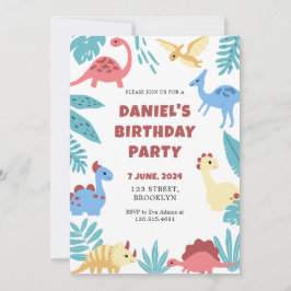 Invitación Día de cumpleaños de dinosaurio ilustrativo y colo