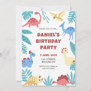 Invitación Día de cumpleaños de dinosaurio ilustrativo y colo
