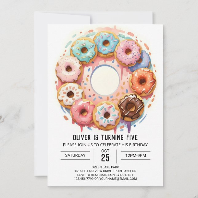 Invitación Día de cumpleaños de donuts de chocolate acuarela (Anverso)